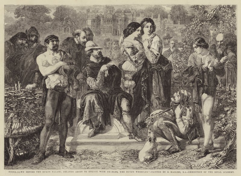 Scene, plen før hertugens palass; Orlando er i ferd med å engasjere seg med Charles, Duke
