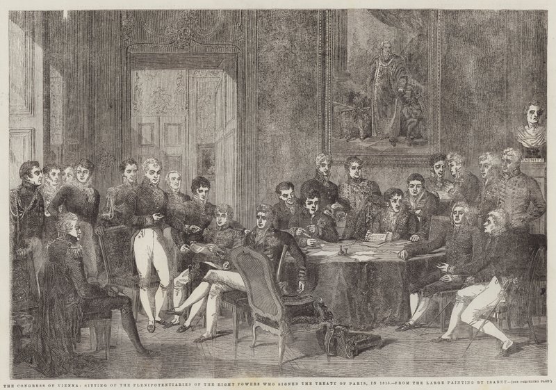 Wienerkongressen, sittende av de befullmektigede for de åtte maktene som undertegnet Paris-traktaten, i 1815 av Edmond Morin