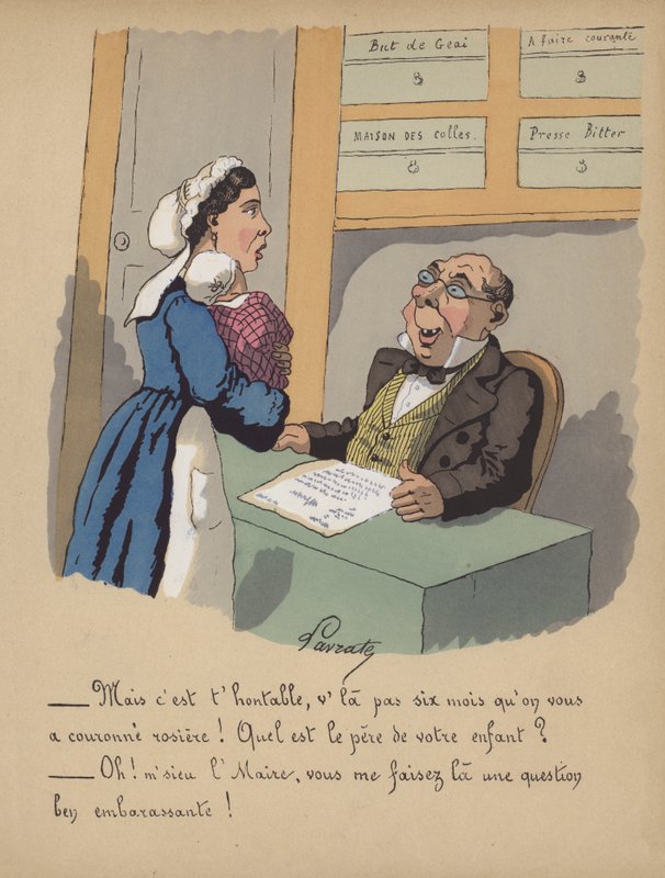 En mor som registrerer babyen sin på rådhuset (farge litho) av Edmond Lavrate