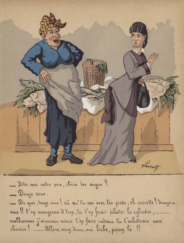 Samtale ved en fiskebod (farge litho) av Edmond Lavrate