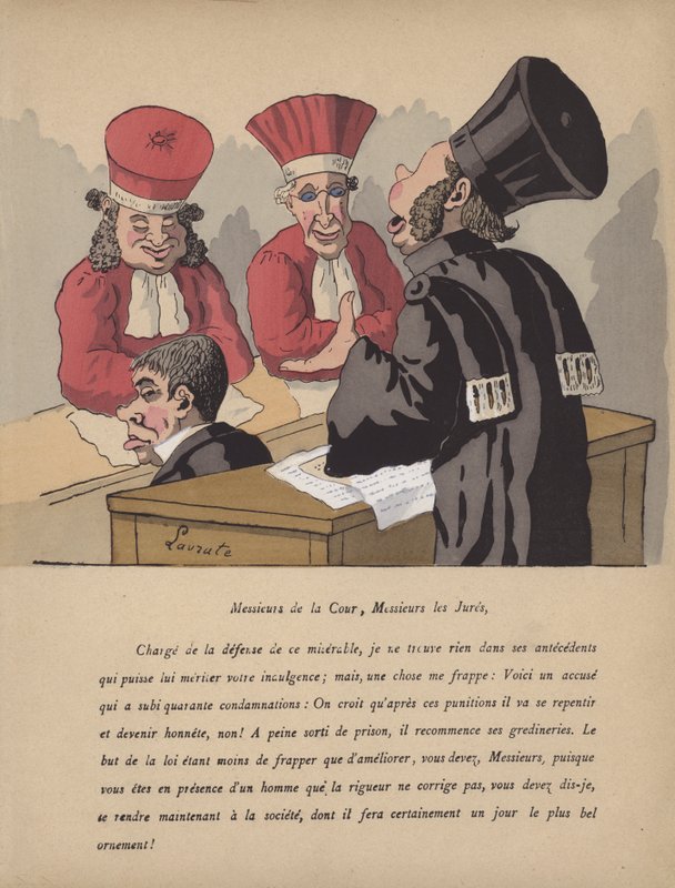 Rettssalscene (litho i farger) av Edmond Lavrate