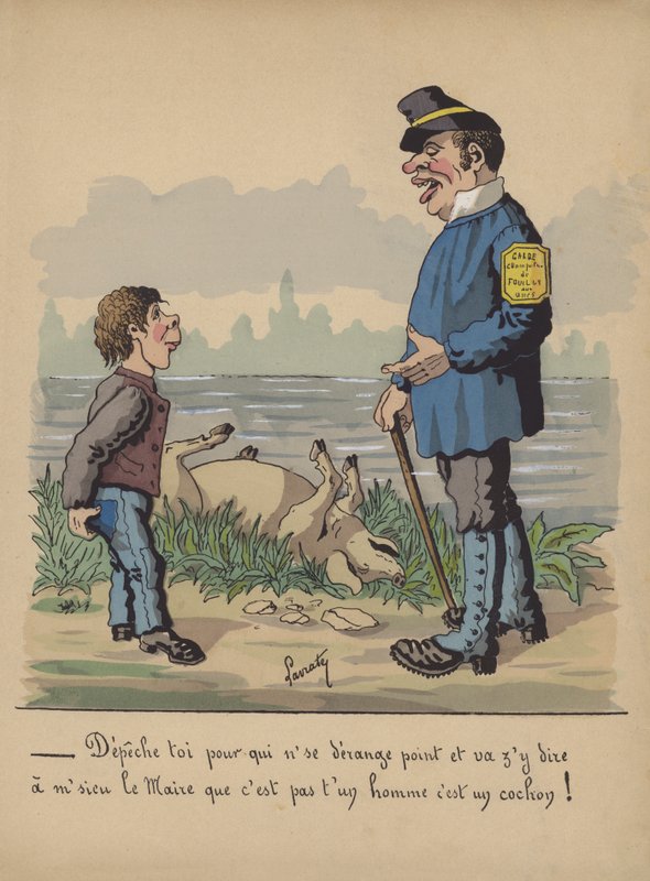 Viltholder og gutt med en død gris (farge litho) av Edmond Lavrate
