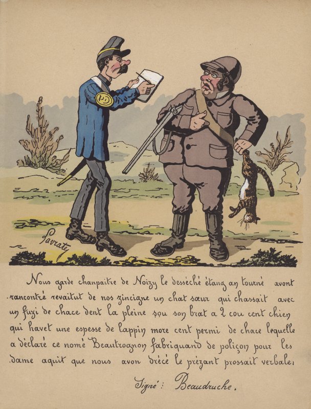 Viltvokter med en jeger som har skutt en katt (farge litho) av Edmond Lavrate
