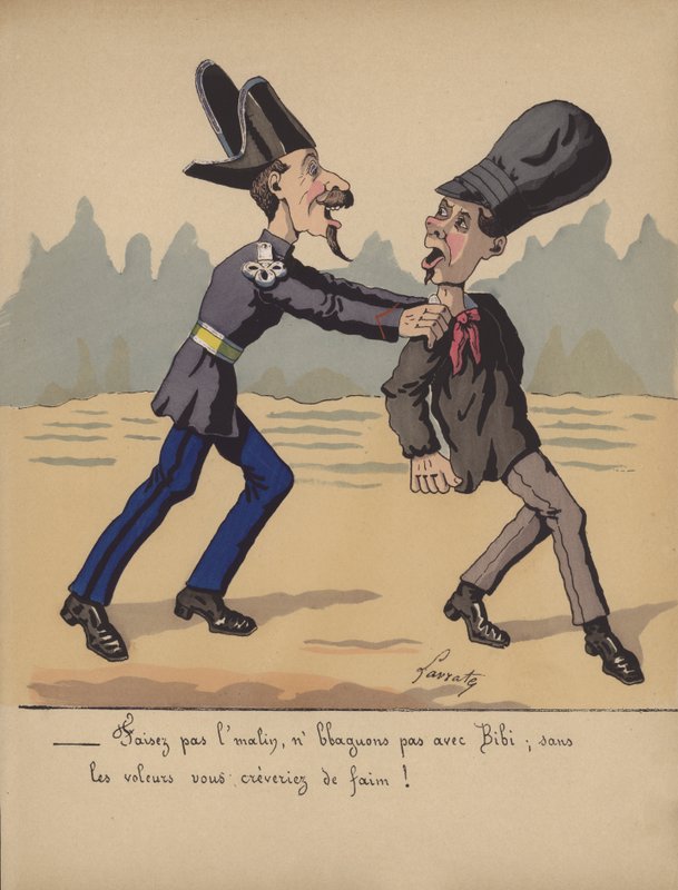 Politimann arresterer en tyv (farge litho) av Edmond Lavrate