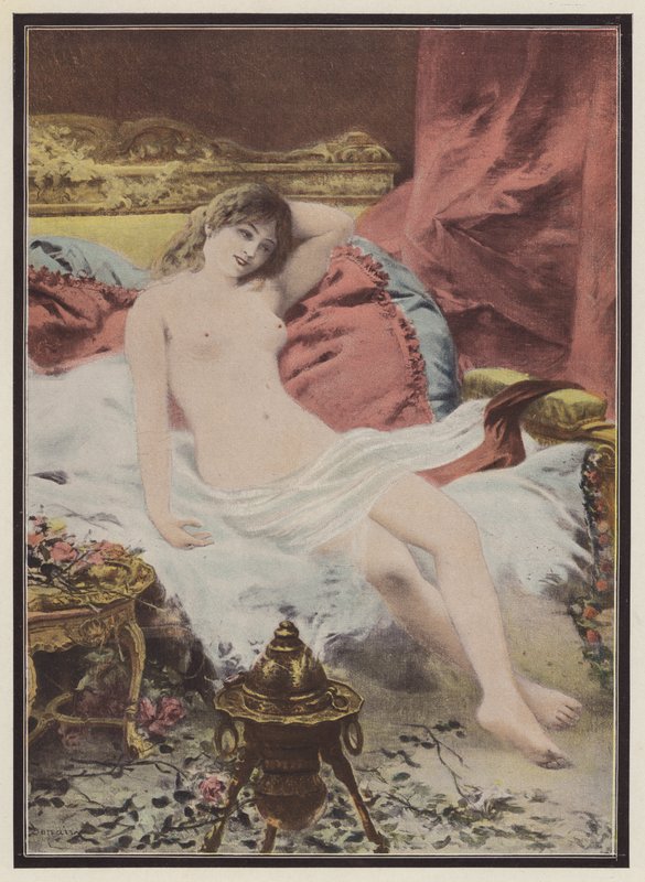 Delerium, kvinne som sitter på en sofa (farge litho) av Edmond Louis Dupain