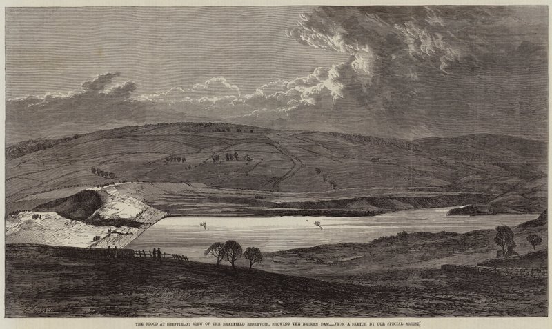 Flommen ved Sheffield, utsikt over Bradfield-reservoaret, som viser den ødelagte dammen av Edmund Morison Wimperis