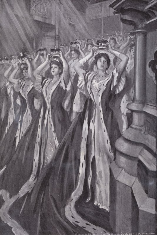 Peeresses tar på seg kronene ved kroningen av dronning Alexandra, konsort av kong Edward VII, Westminster Abbey, London av Edmund Joseph (after) Sullivan