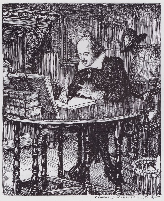 Shakespeare i hans studie (litho) av Edmund Joseph (after) Sullivan