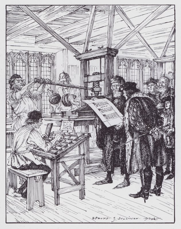 William Caxton i trykkeriet hans (litho) av Edmund Joseph (after) Sullivan