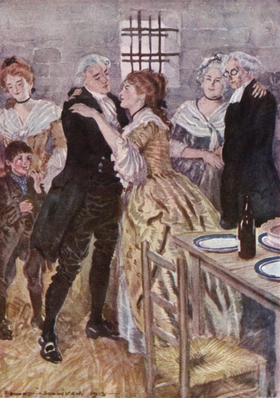 Illustrasjon for The Vicar of Wakefield av Oliver Goldsmith (farge litho) av Edmund Joseph Sullivan