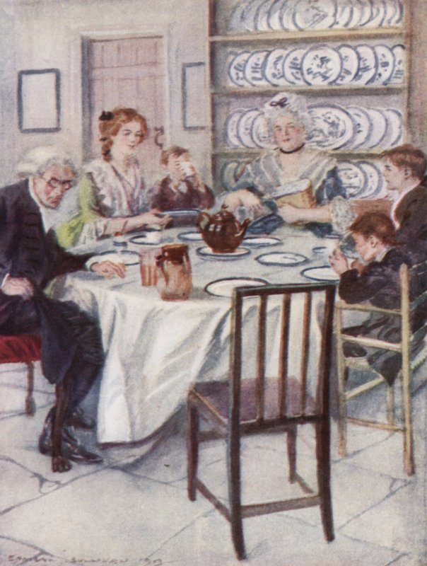 Illustrasjon for The Vicar of Wakefield av Oliver Goldsmith (farge litho) av Edmund Joseph Sullivan