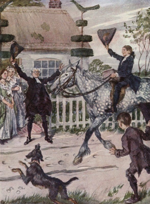 Illustrasjon for The Vicar of Wakefield av Oliver Goldsmith (farge litho) av Edmund Joseph Sullivan