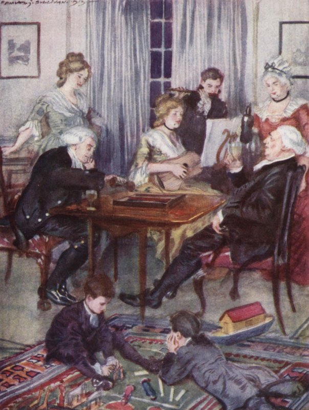 Illustrasjon for The Vicar of Wakefield av Oliver Goldsmith (farge litho) av Edmund Joseph Sullivan