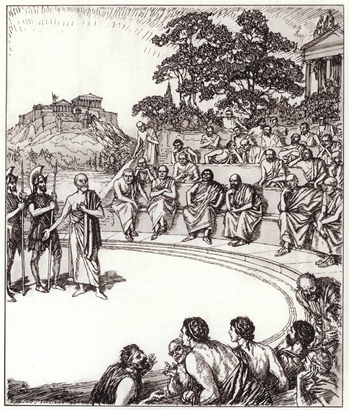 Sokrates foran dommerne hans (litho) av Edmund Joseph Sullivan