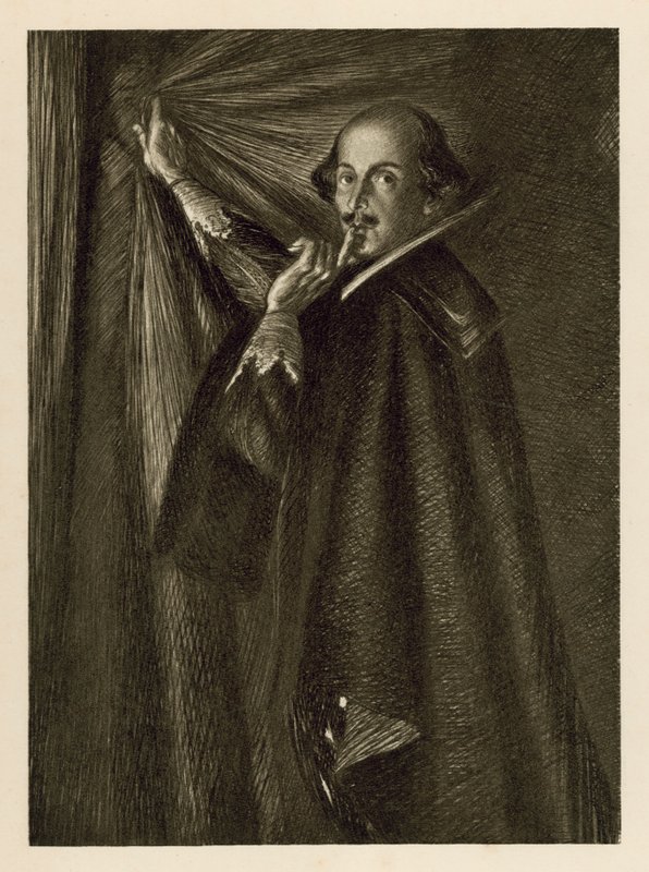 William Shakespeare holder forhenget og ber oss være stille (litho) av Edmund Joseph Sullivan