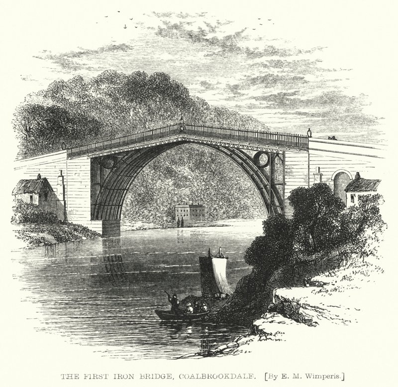 The First Iron Bridge, Coalbrookdale (gravering) av Edmund Morison (after) Wimperis