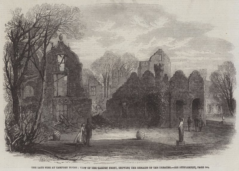 Den sene brannen ved Campden House, utsikt over hagefronten, som viser restene av teatret av Edmund Morison Wimperis