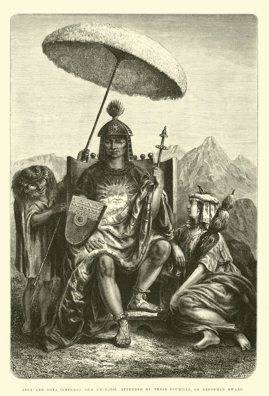 Inca og Coya (keiser og keiserinne), deltatt av deres Ccumillu, eller deformerte dvergen av Edouard Riou