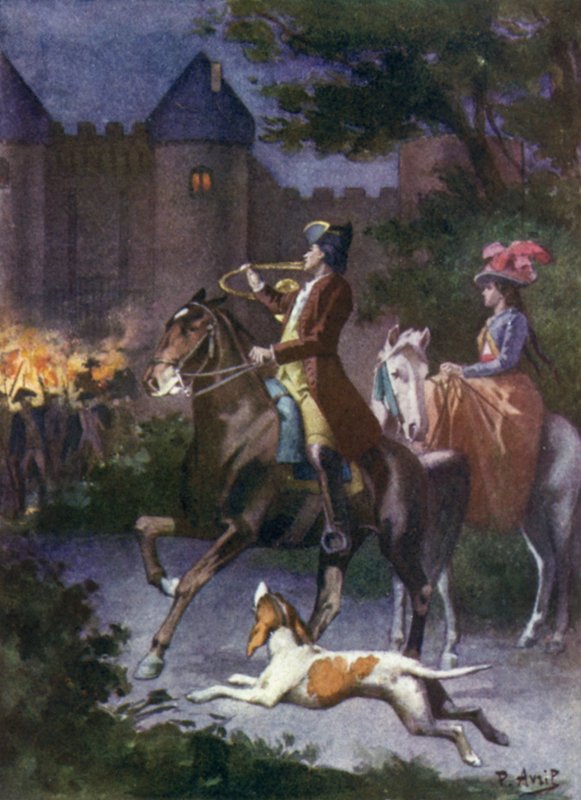 På et øyeblikk var alle maupratene ved porten. Illustrasjon for Mauprat av George Sand av Edouard Henri Avril