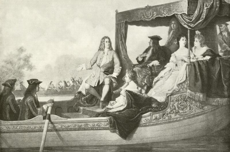 Händels elvekonsert for George I (gravering) av Edouard Jean Conrad Hamman