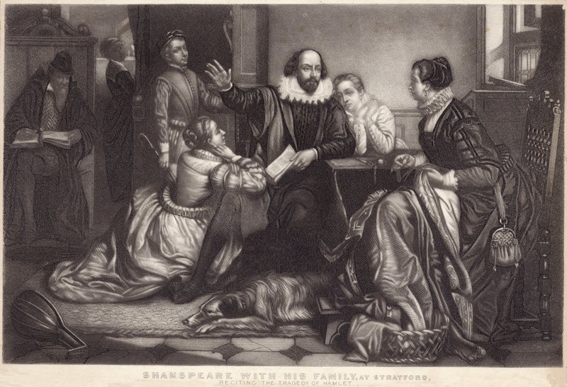 Shakespeare med familien sin i Stratford on Avon, og resiterte tragedien til Hamlet av Edouard Jean Conrad Hamman
