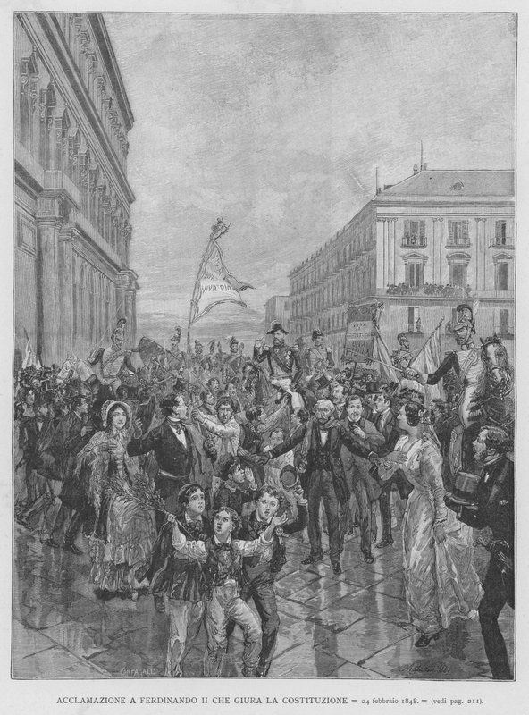Akklamasjon til Ferdinand II som sverger Grunnloven, 24. februar 1848 (gravering) av Edouardo Matania
