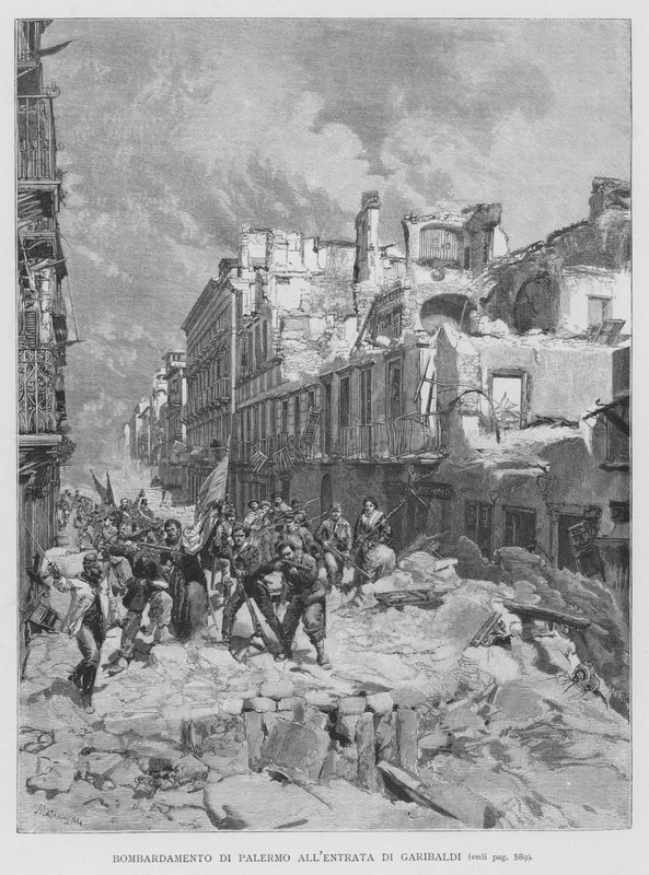 Bombing av Palermo ved Garibaldi-inngangen (gravering) av Edouardo Matania
