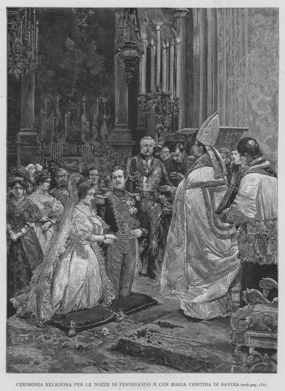 Religiøs seremoni for bryllupet til Ferdinand II med Maria Cristina av Savoy (gravering) av Edouardo Matania