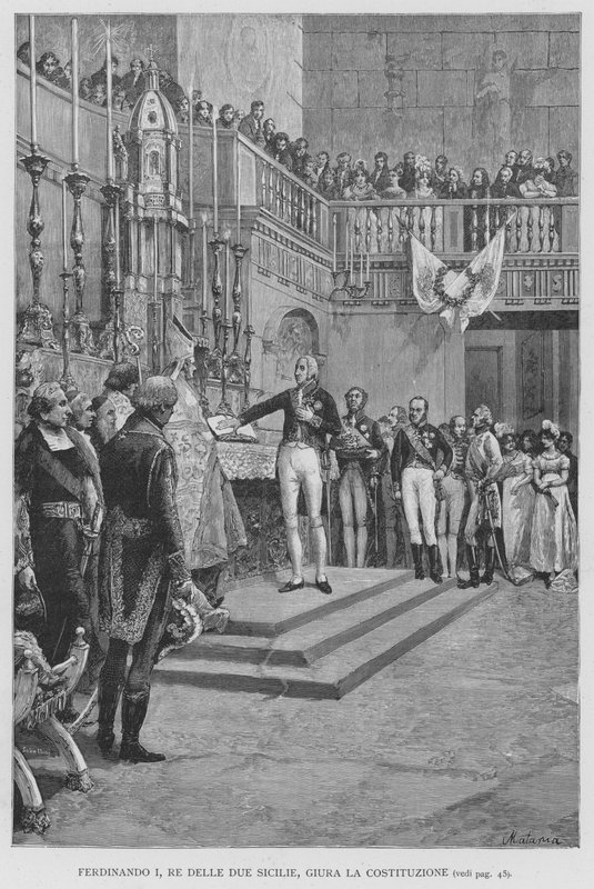 Ferdinand I, kongen av de to Siciliene, sverger grunnloven (gravering) av Edouardo Matania