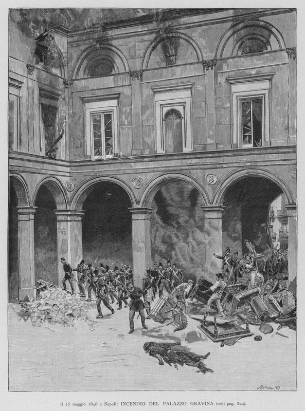 15. mai 1848 i Napoli, Fire of the Gravina Palace (gravering) av Edouardo Matania