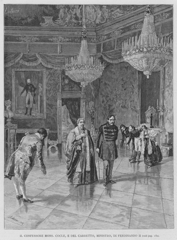 Bekjenneren Mons Cocle, E Del Carretto, minister, av Ferdinand II (gravering) av Edouardo Matania