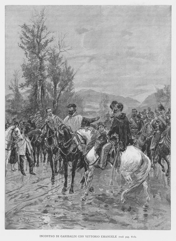Møte med Garibaldi med Vittorio Emanuele (gravering) av Edouardo Matania