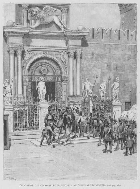 Drapet på oberst Marinovich ved Arsenalet i Venezia (gravering) av Edouardo Matania
