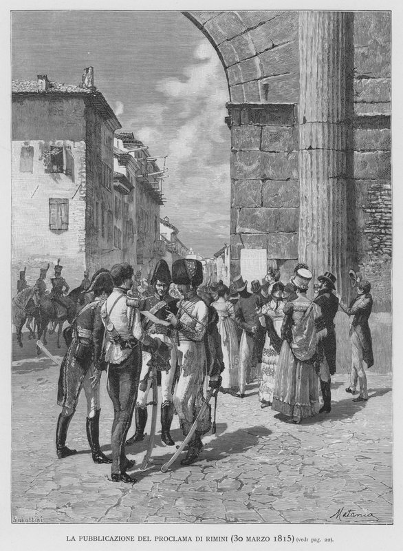 Publikasjonen av proklamasjonen av Rimini, 30. mars 1815 (gravering) av Edouardo Matania