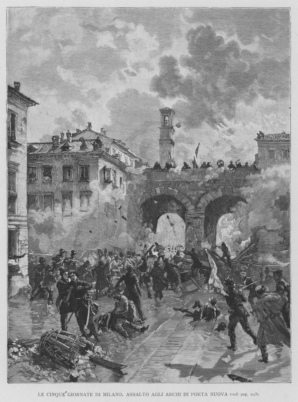 De fem dagene i Milano, angrep på buene til Porta Nuova (gravering) av Edouardo Matania