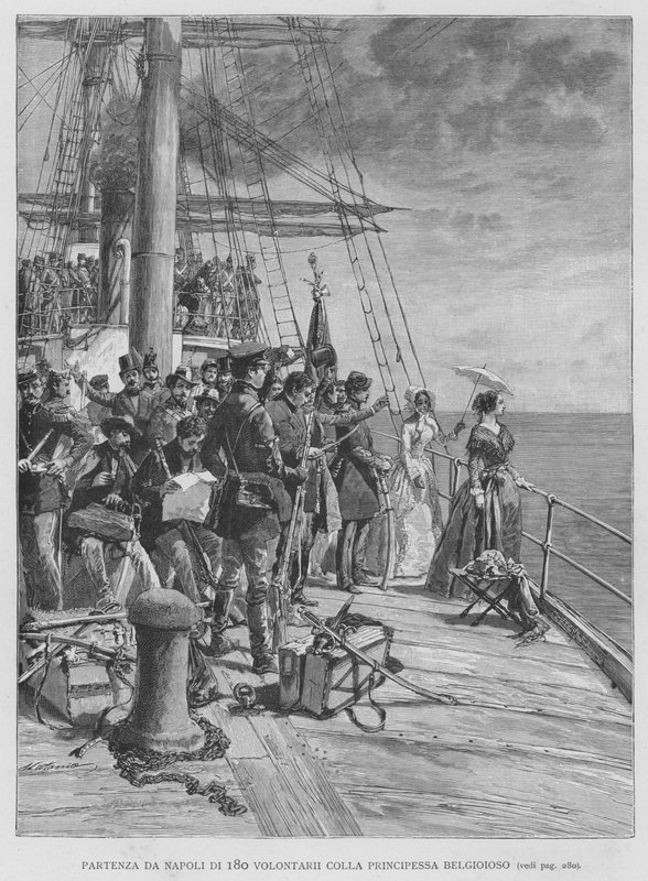 Avreise fra Napoli med 180 frivillige med prinsesse Belgioioso (gravering) av Edouardo Matania