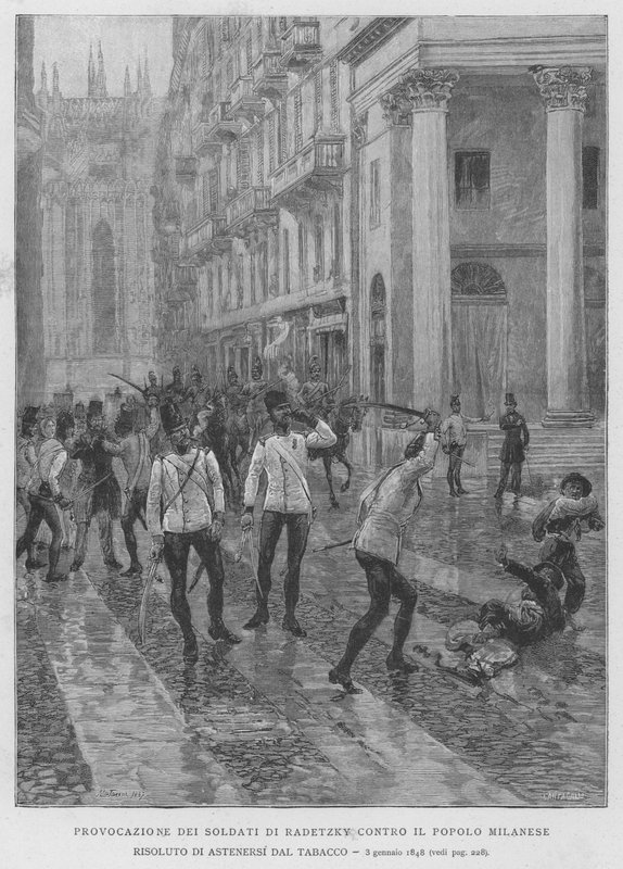 Provokasjon av Radetzkys soldater mot det milanesiske folket besluttet å avstå fra tobakk, 3. januar 1848 (gravering) av Edouardo Matania