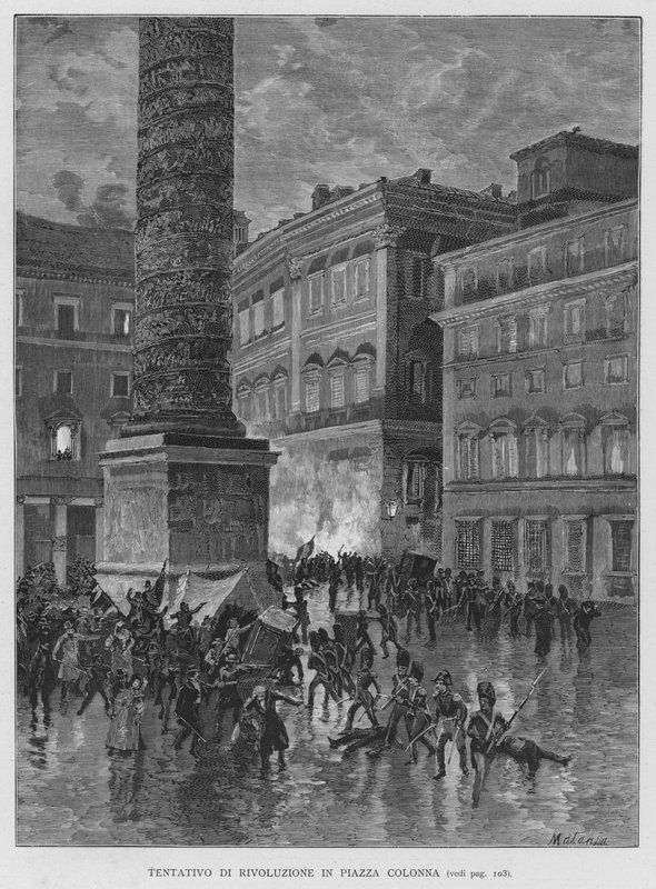 Revolusjonsforsøk på Piazza Colonna (gravering) av Edouardo Matania