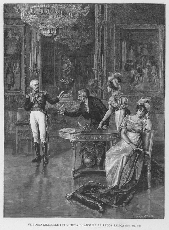 Vittorio Emanuele I nekter å avskaffe den saliske loven (gravering) av Edouardo Matania