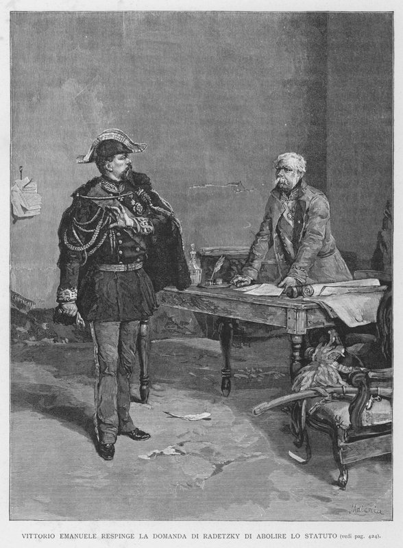 Vittorio Emanuele avviser Radetzkys forespørsel om å avskaffe statutten (gravering) av Edouardo Matania