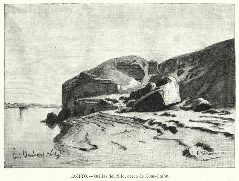 Nilens bredder nær Kom Ombo, Egypt (litho) av Eduard (after) Hildebrandt