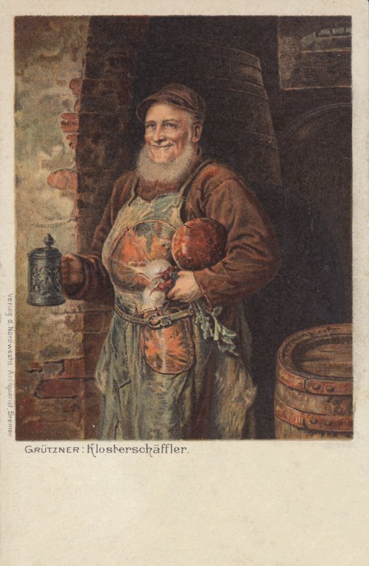 Der Klosterschaeefler: munk som bærer en stein øl og lunsjen hans (chromolitho) av Eduard von (after) Grutzner