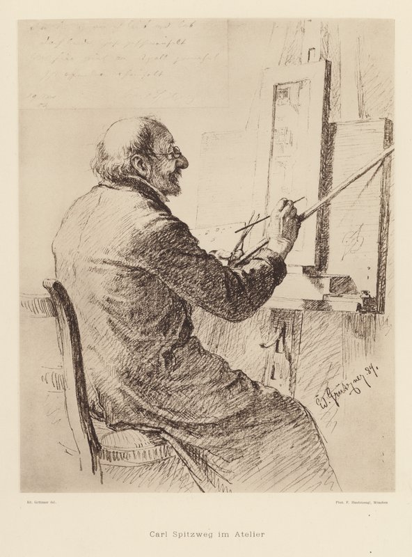 Portrett av Carl Spitzweg, tysk romantisk maler (litho) av Eduard von (after) Grutzner
