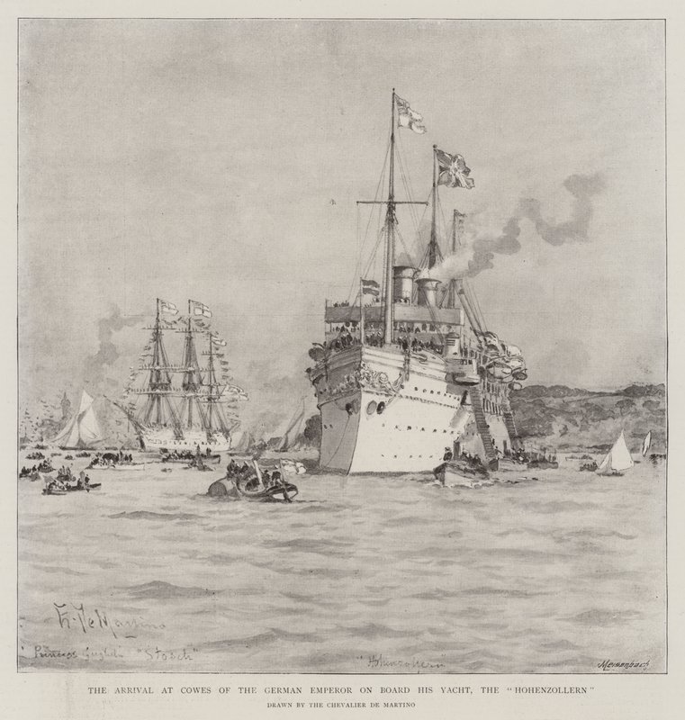 Den tyske keiserens ankomst til Cowes om bord på hans yacht, Hohenzollern av Eduardo de Martino