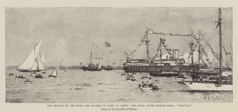 Ankomsten av hertugen og hertuginnen av York til Cowes, Royal Yacht passerer HMS Neptune av Eduardo de Martino