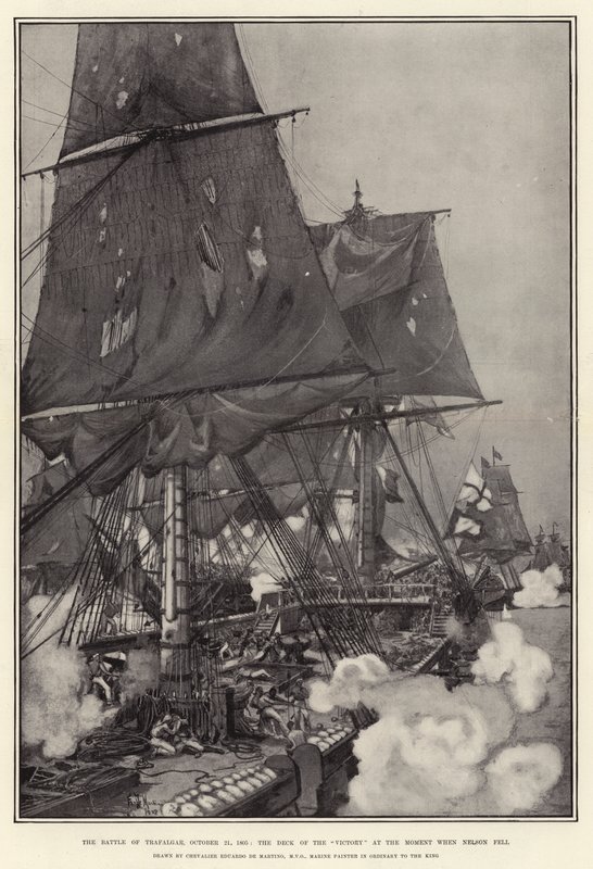 Slaget ved Trafalgar, 21. oktober 1805, seierens dekk i øyeblikket da Nelson falt av Eduardo de Martino