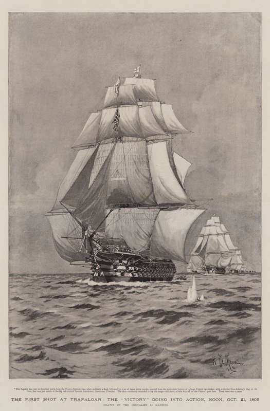 Det første skuddet på Trafalgar, seieren går i aksjon, middag, 21. oktober 1805 av Eduardo de Martino