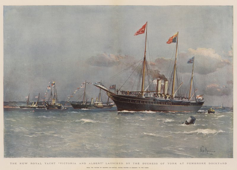 The New Royal Yacht Victoria and Albert, lansert av hertuginnen av York på Pembroke Dockyard (chromolitho) av Eduardo de Martino