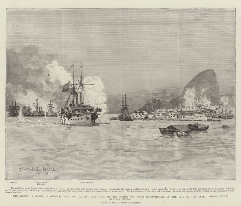 Opprøret i Brasil, en generell utsikt over bukten og byen Rio under det første bombardementet av byen av opprørsstyrkene under admiral Mello av Eduardo de Martino