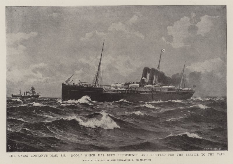 Union-selskapets Mail SS Moor, som har blitt forlenget og ombygget for service av Kapp av Eduardo de Martino